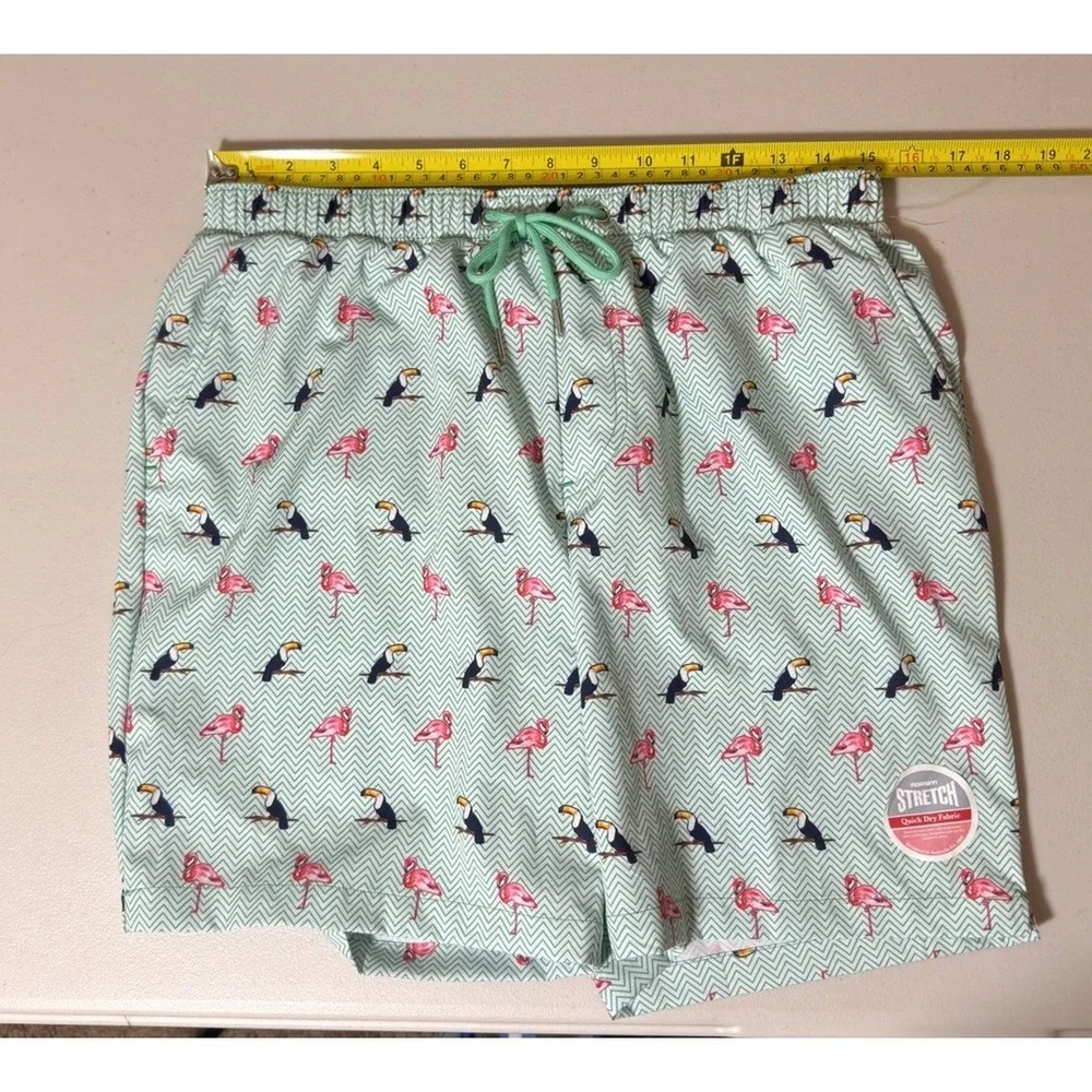 NWT Mosmann Australia Swim Shorts Trunks Men's Large Teal Flamingo/Toucan Print